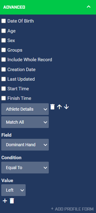 An example screenshot showing the advanced section of the reporting sidebar for an event form report.
