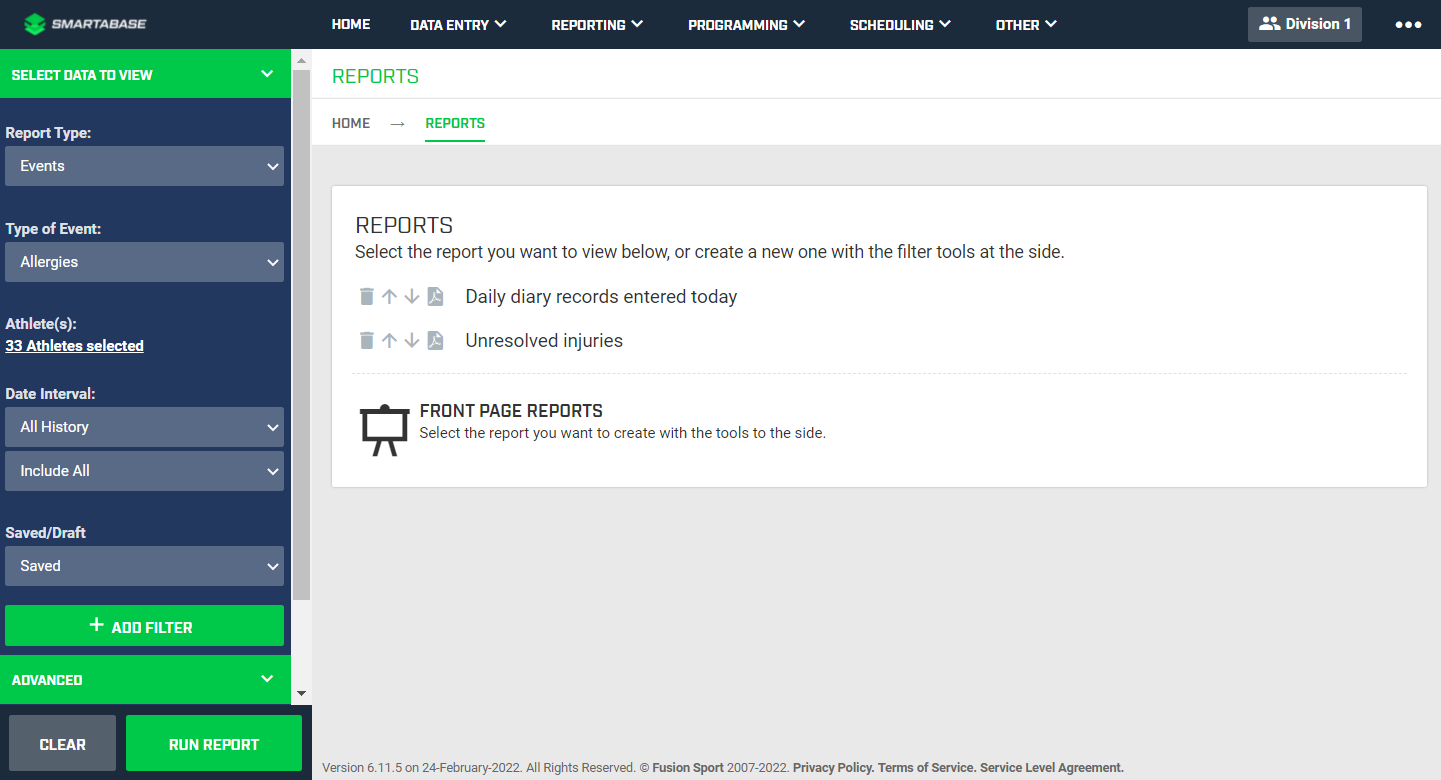 A screenshot of the Reports tool in Smartabase Online, including examples of some saved reports.