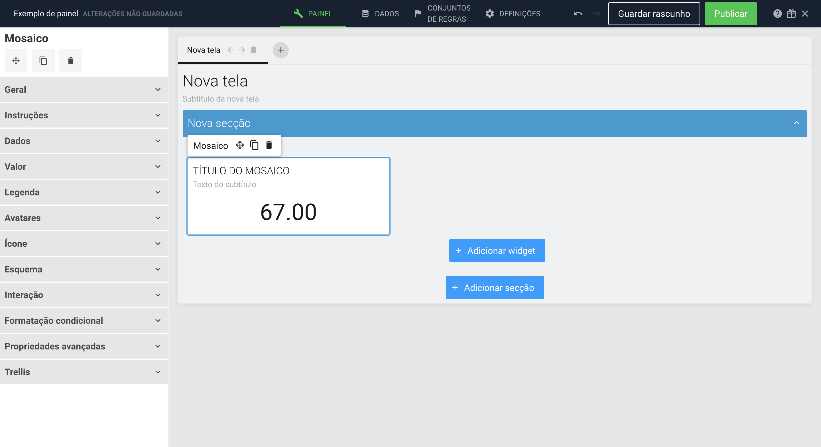 An example screenshot showing the Dashboard builder with a tile in Portuguese.