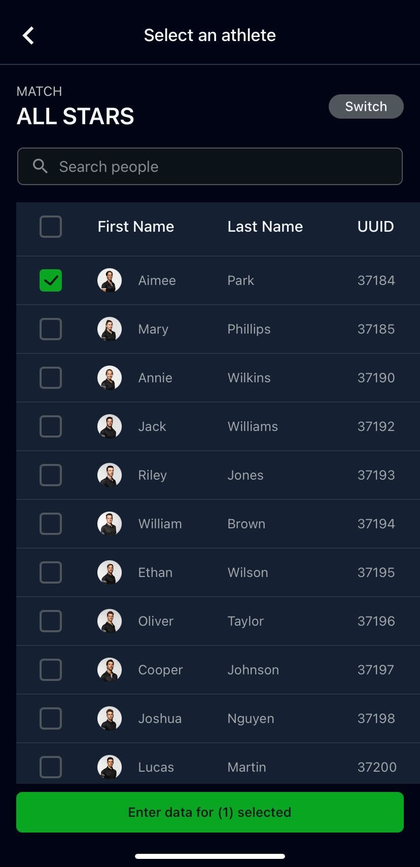 A screenshot of the athlete selection screen for a professional user to enter data on the Smartabase app.