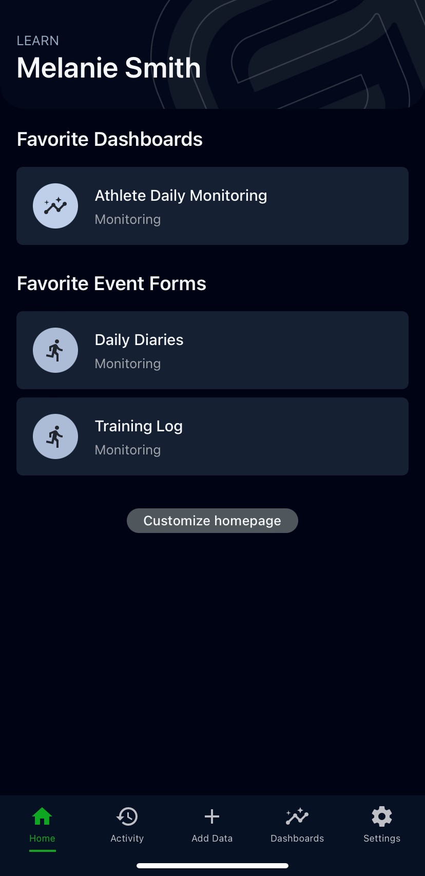 A screenshot of the Smartabase app home screen for an example athlete.