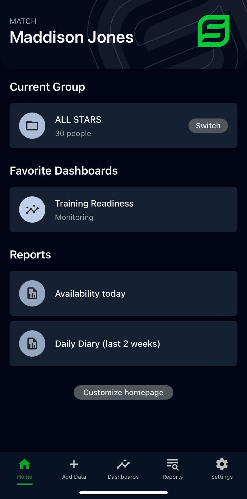 A screenshot of the Smartabase app home screen for an example coach.