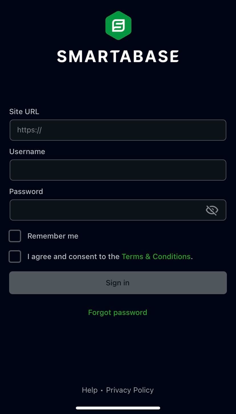 A screenshot of the login screen for the Smartabase app.