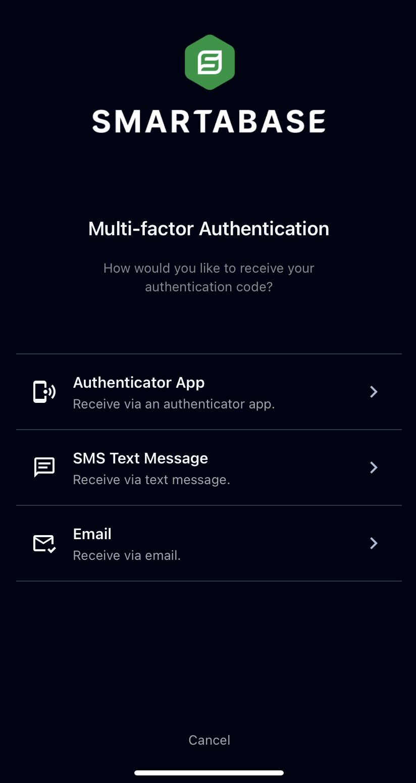 A screenshot of the multi-factor authentication set-up screen in the Smartabase app.