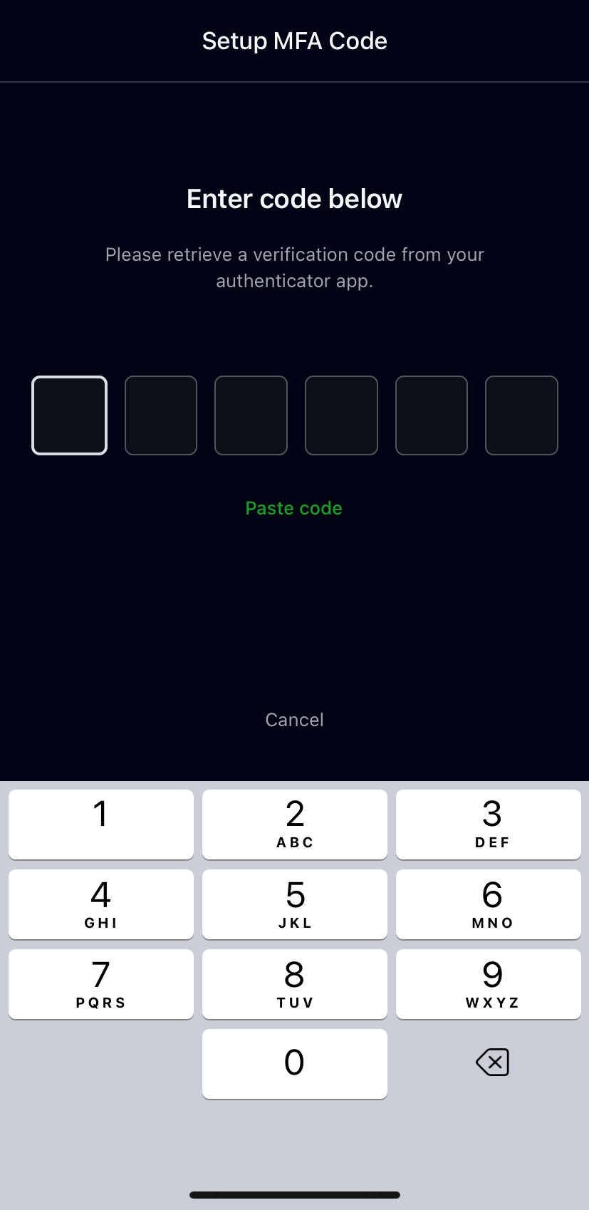 A screenshot of the screen to enter a multi-factor authentication code from an authenticator app on the Smartabase app.