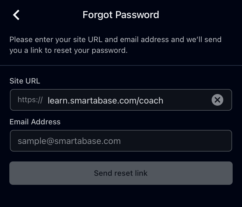 A screenshot of the screen to reset your password on the Smartabase app.