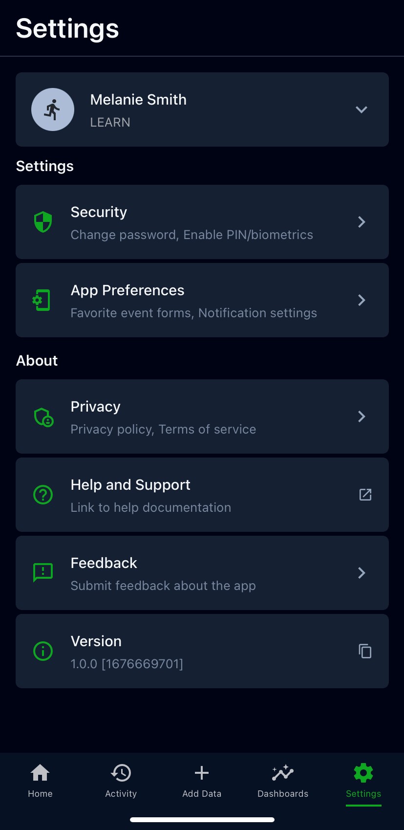A screenshot of the Settings tab in the Smartabase app.