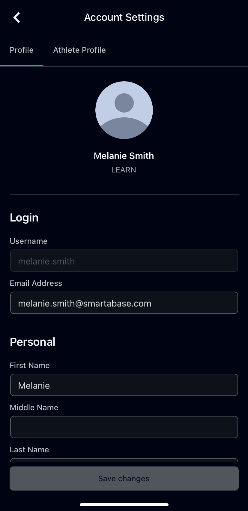 A screenshot of the account settings page on the Smartabase app. Additional profile forms are listed as tabs across the top of the screen.