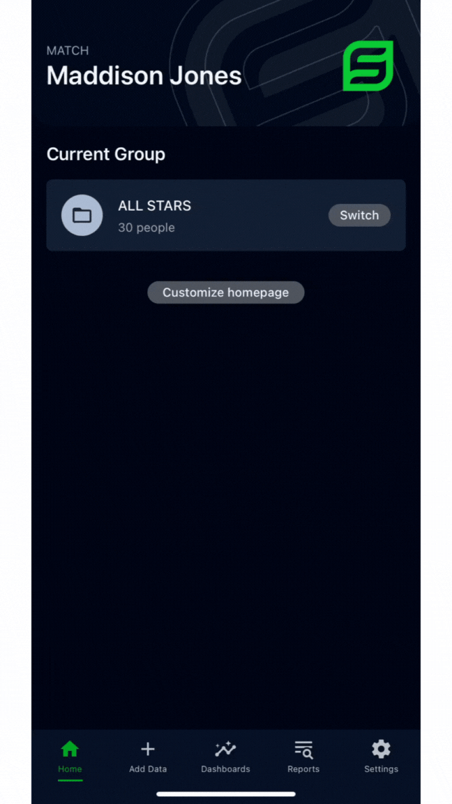 An example recording of switching the current group using the home screen widget in the Smartabase app.