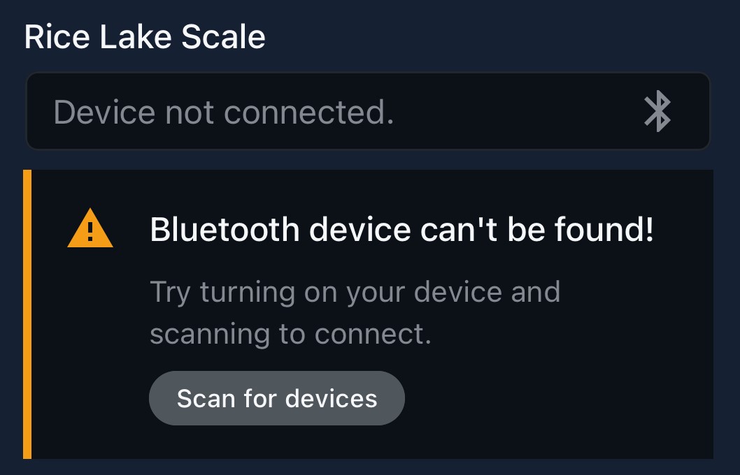 A screenshot of a warning message for a Bluetooth-enabled form where a Bluetooth device cannot be found.