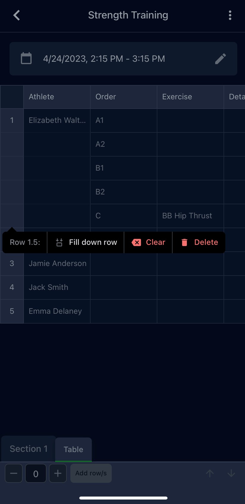 A screenshot of the options available in group entry mode on the Smartabase app when you tap and hold the row number.