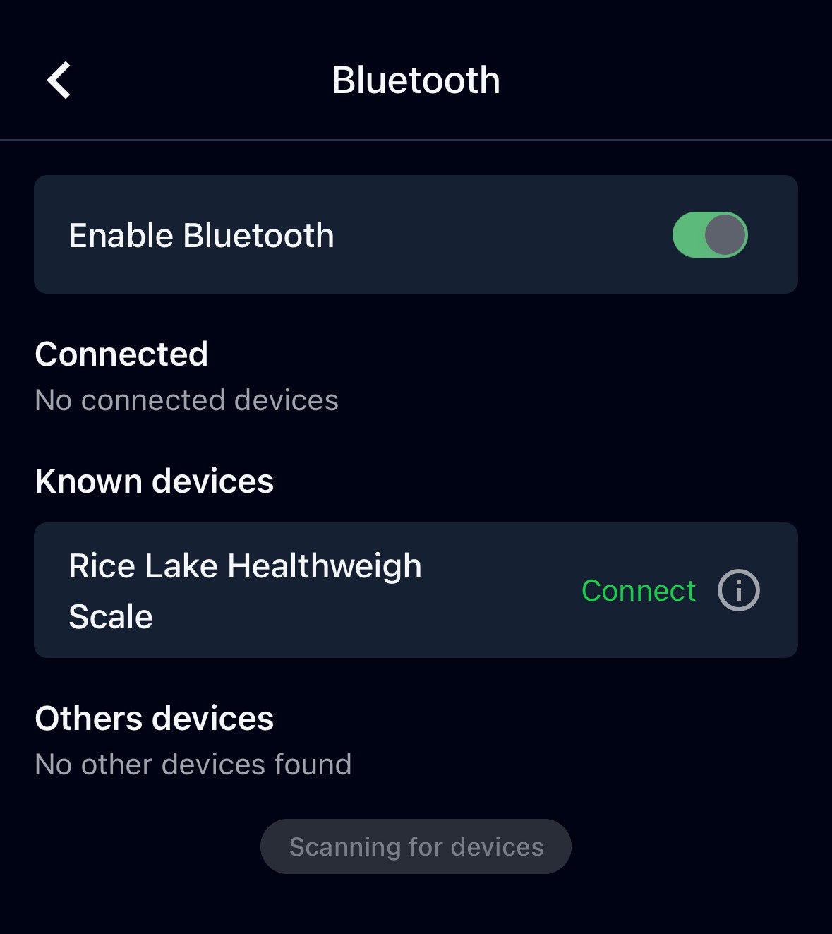A screenshot of the Bluetooth settings on the Smartabase app. A known device is listed.