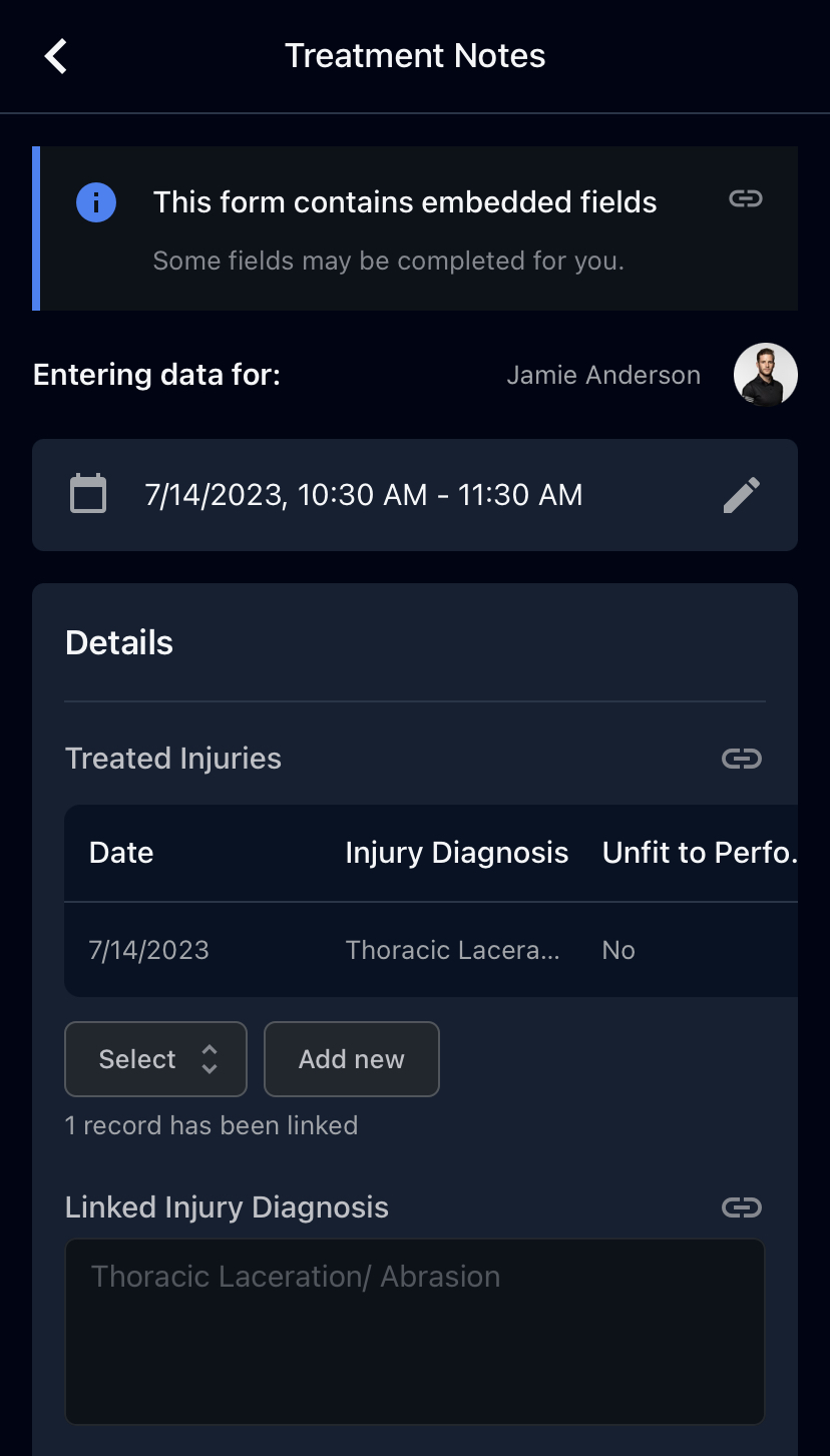 A screenshot of an embedded event in an event form on the Smartabase mobile app where an injury record has been linked to a treatment note.