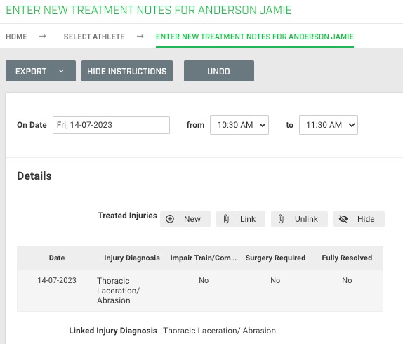 A screenshot of an embedded event in an event form on Smartabase Online where an injury record has been linked to a treatment note.